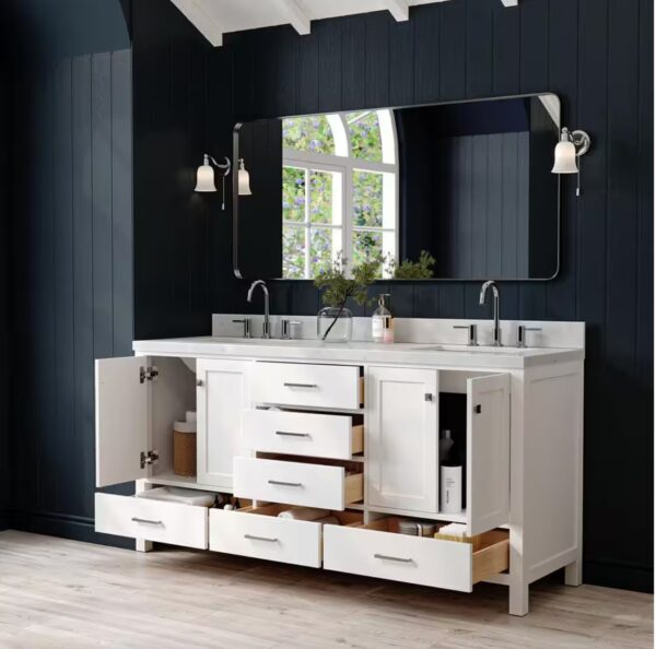 Cambridge 72 in. W x 22 in. D x 36 in. H Double Rectangle Sink Bath Vanity in White with Carrara White Quartz Top